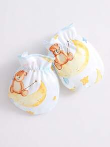 4pcs Baby Boy Pajamas Set With Moon & Bear Pattern - Footie, Hat, Gloves - Baby Blue - View 4