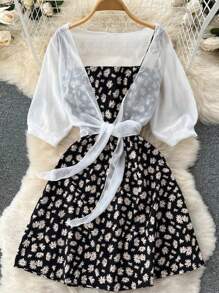 Rometta 大码女式两件套：纯色短袖上衣和雏菊印花连衣裙 - 彩色 - 查看 6