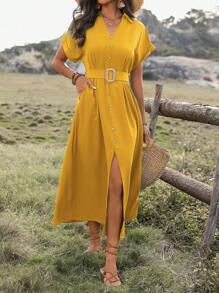 SHEIN Clasi 女士夏季短袖纽扣式腰带连衣裙长款女装