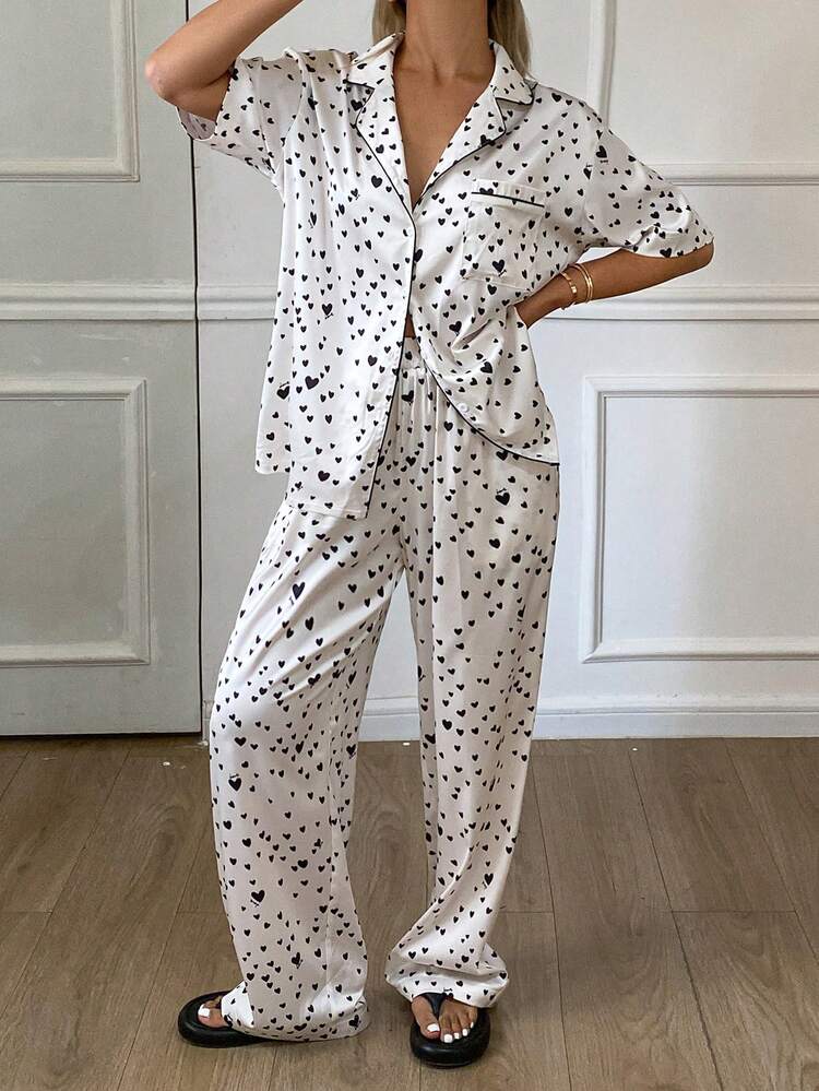 Heart Allover Print Satin Women Pajama Set