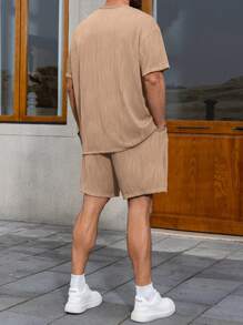 Manfinity Homme 2pcs/Set Plus Size Men Letter Printed Round Neck Short Sleeve T-Shirt And Shorts Set - Khaki - View 2