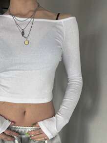 DAZY 女式纯色短款斜肩修身长袖T恤 Y2k