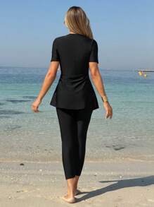 Swim Mulvari 2 Pieces Women Solid Color Burkini Swimwear Set, Beach/Resort Wear For Summer Beach Vacation