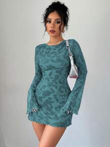 Firerie Đầm mini tay dài hở lưng họa tiết hoa cho nữ - Màu xanh bụi bặm - Xem 2