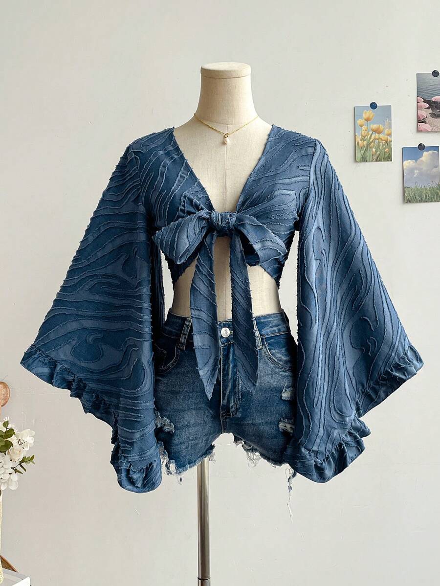 Soleia 女士休闲夏季度假纹理编织系带喇叭袖荷叶边衬衫,适合嬉皮士、西方、音乐节、复活节、狂欢节、下午茶、派对 - 藏蓝色 - 查看 1