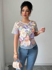 Elenzga Summer Elegant Floral Embroidered Sheer Mesh Blouse - Multicolor - View 3