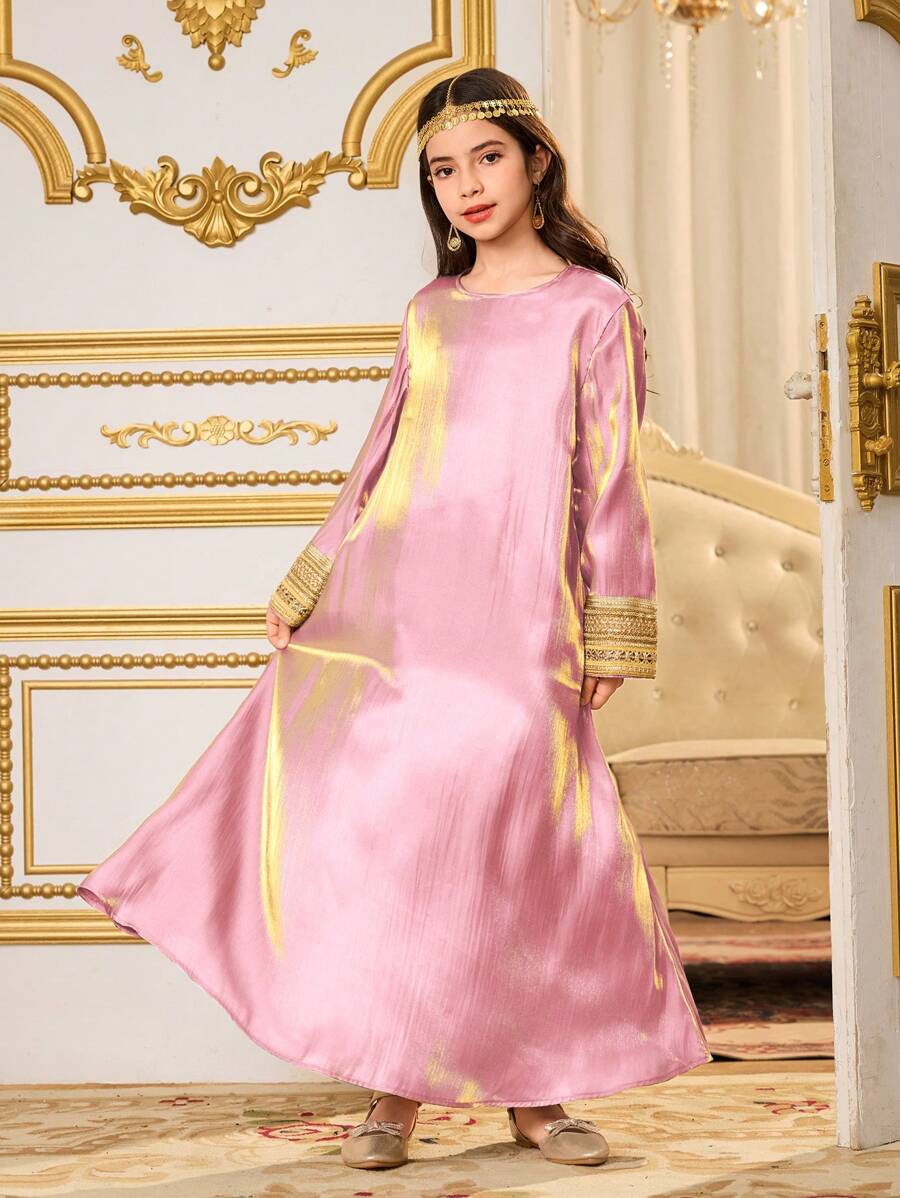 SHEIN Váy dài tay satin bóng cho bé gái, thanh lịch và sang trọng, thích hợp cho tiệc tùng và tụ tập - Hồng - Xem 1