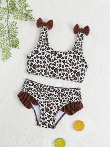 SHEIN Young Girls Bikini Sets Cute Leopard Print Shoulder Bow Bottoms Peplum Swimsuit Fashion Casual Dainty Gorgeous Lady Swimsuit Swimsuit Swimsuit Swimsuit For Swimming Swimsuit For Vacation Swimsuit For Summer - Brown - View 2