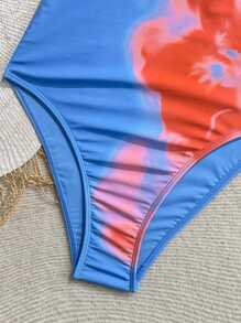 Soleia 连体泳衣，沙滩装，女士度假装，女士泳衣，女士夏季装，1 件女士蓝色底色抽象花卉印花系带连体泳衣度假装