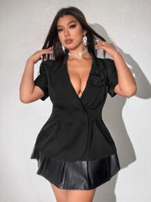 Viva Relle Plus Size Elegant Solid Color 3D Floral Decor Double Breasted Cinched Waist Short Sleeve Blazer - Black - View 5
