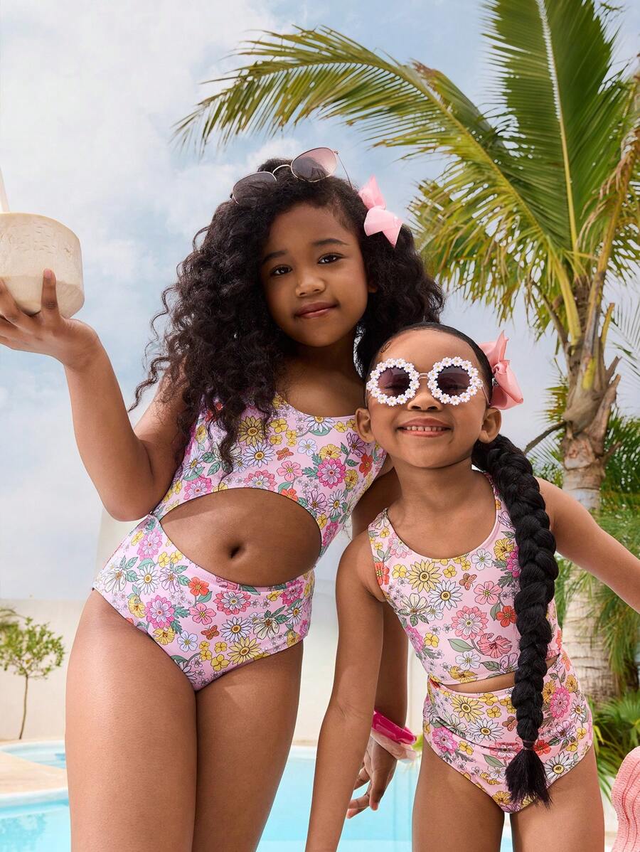 SHEIN SLAYR KIDS Young Girl's Knitted Flower Print One-Piece Swimsuit For Vacation