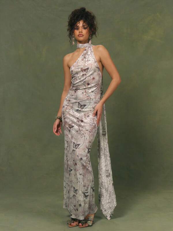 MUSERA ชุดเดรสเอวรัดไหล่เดียวลายดอกไม้ขนาดมากี่ลิปกับช่วงร้อนของฤดูใบไม้ผลิและฤดูร้อน งานปรัชญา ฤดูร้อน วันหยุด สง่างาม เซ็กซี่ ปริญญา งานลัทธิ