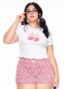 ROMWE Kawaii 大码夏季休闲樱桃印花短袖 T 恤 - 米色 - 查看 1