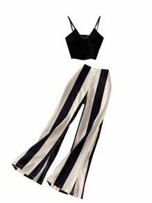 GlowEve Women's Elegant Striped Black & White Contrast Waist Belt Bodycon Flare Pants Fall Cloth For Women - Apricot - View 4