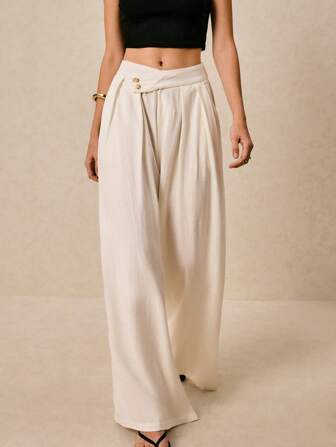 Poéselle Women's Solid Color Wide Leg Pants For Vacation & Casual Wear