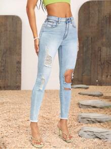 Breezaya Women's Vintage Casual Distressed Fit Jeans - Blue - View 7