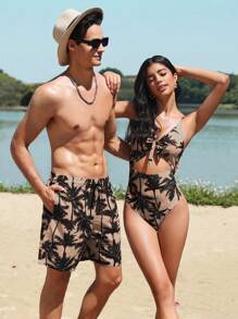 Manfinity VDAYZ Shorts de playa con cordón de cintura y estampado asimétrico de palmera para hombres - Multicolor - Ver 3