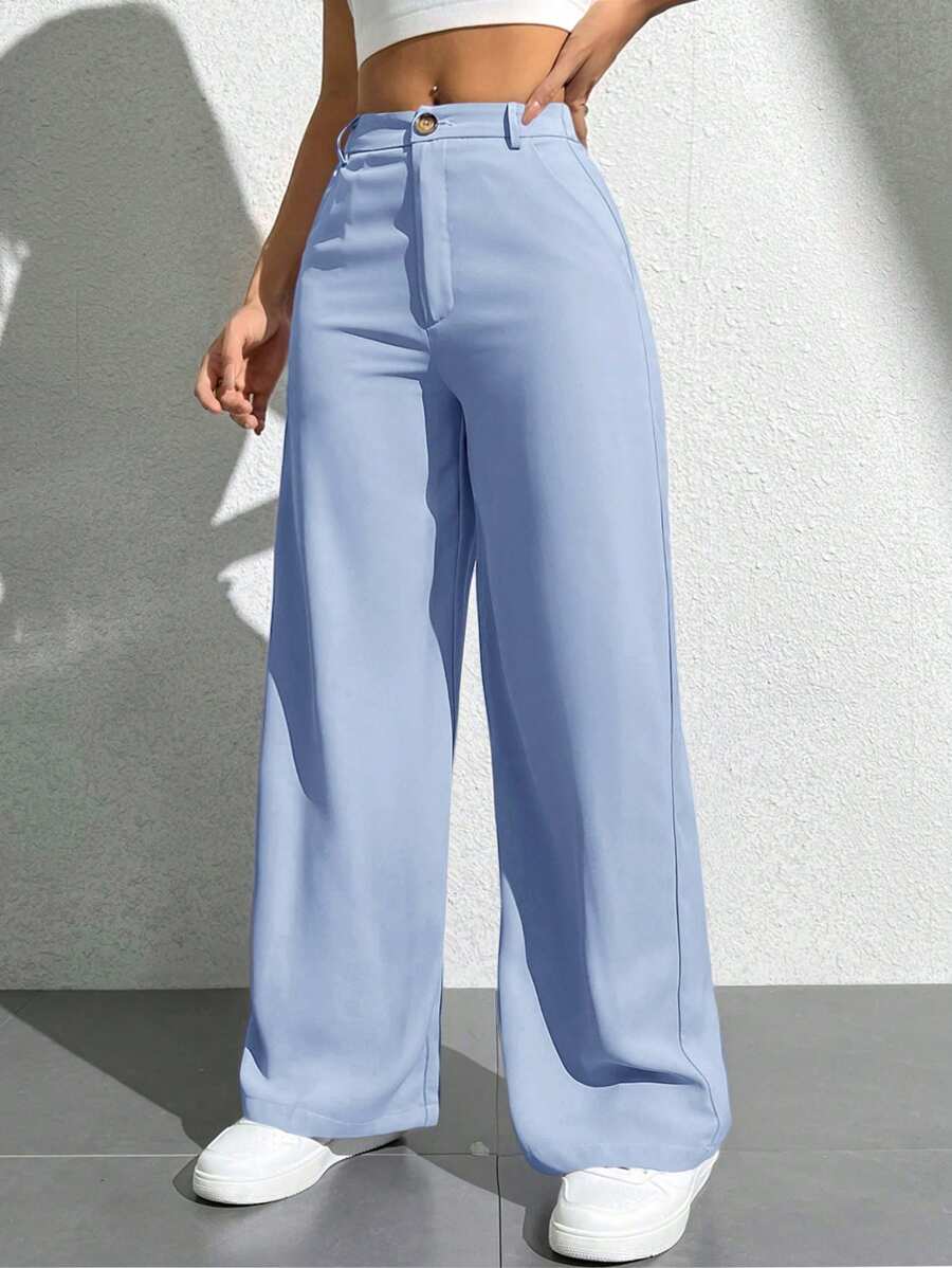 SHEIN PETITE Women's Casual Solid Color Straight Leg Pants - Baby Blue - View 1