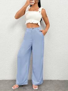 SHEIN PETITE Women's Casual Solid Color Straight Leg Pants - Baby Blue - View 7