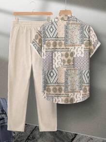 Manfinity Homme 大码男士全印花短袖衬衫和短裤套装，适合夏季度假