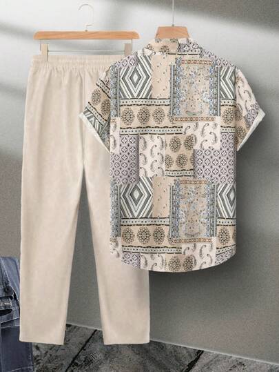 Manfinity Homme Bộ đồ áo sơ mi tay ngắn in họa tiết toàn thân cỡ lớn và quần short cho kỳ nghỉ hè dành cho nam