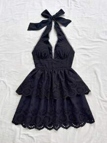 Soleia WYWH 女士度假和夏季休闲派对、毕业典礼、复活节派对午餐装，可爱刺绣蕾丝拼布弹力 V 领迷你连衣裙，适合度假、婚礼、毕业典礼、派对、下午茶 - 黑色 - 查看 3