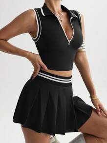 Easithlete 女士两件套瑜伽套装 - 拼色装饰背心和褶皱 A 字裙，运动服