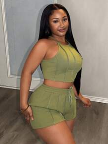 Slaydiva 2025 Spring And Summer New Casual Street Versatile Sports Basic Green Pleated Halter Neck Vest And Wide-Leg Shorts Women's Mini Two-Piece Suit, Suitable For Music Festivals, Easter, Western Nomadic Style, Country Style, Wedding Guests, Daily Travel, Graduation Season, Party Gatherings, Clubs - B,Summer Sets