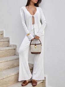 EURMUSE Light Green Tie-Front Cardigan And Pants Set - Beige - View 2