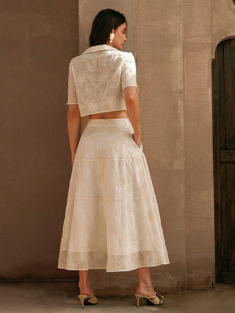 Women Elegant Modern Collar Textured Embroidered Short Shirt With A-Line Skirt Set, Spring/Summer Outfits