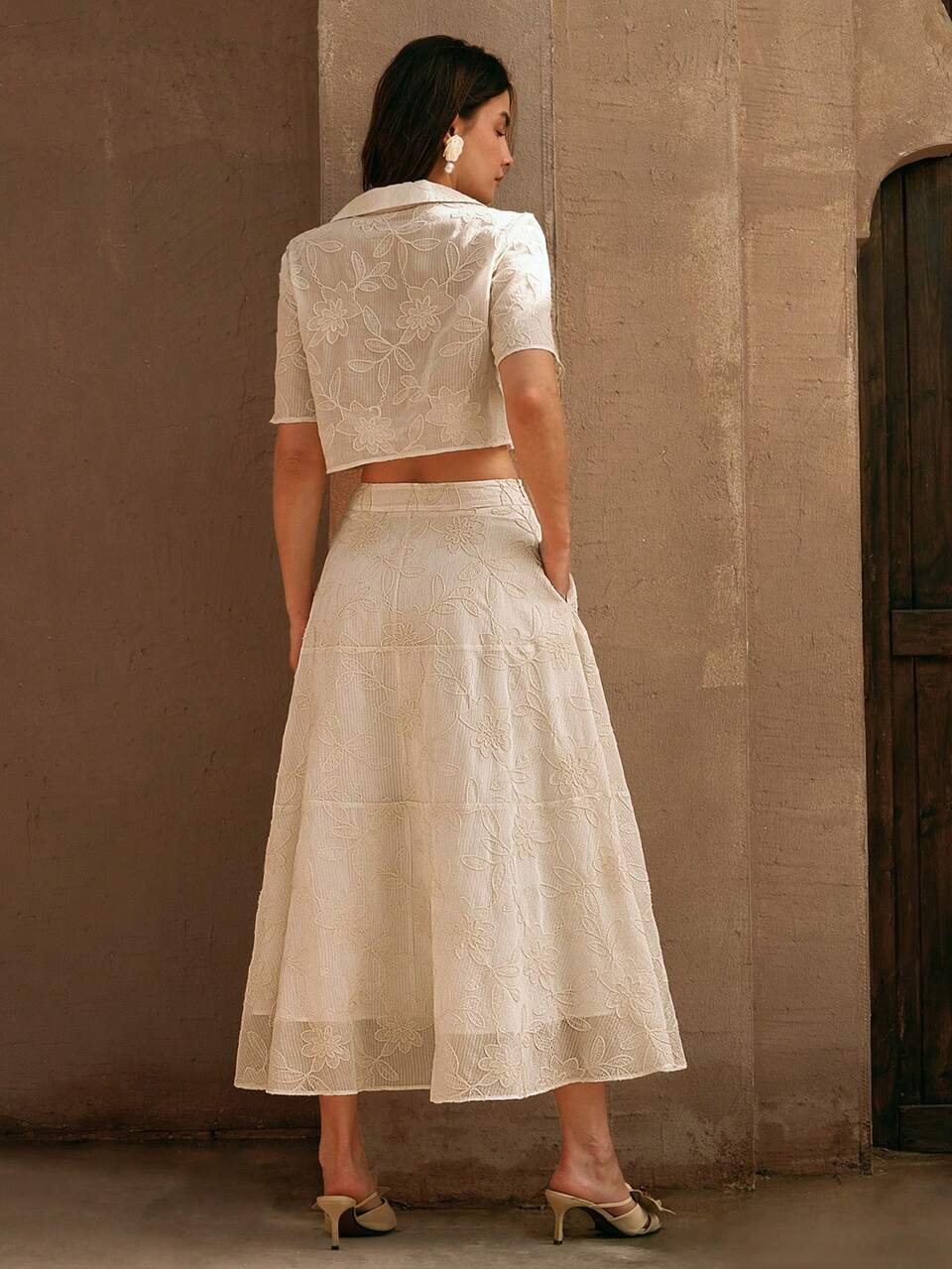 Women Elegant Modern Collar Textured Embroidered Short Shirt With A-Line Skirt Set, Spring/Summer Outfits
