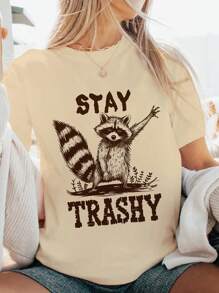 Calvaya 大码女式休闲可爱浣熊印花短袖 T 恤 - 白色 - 查看 3