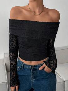 Siren Gaze Women's Elegant Solid Color Jacquard Off Shoulder Cropped T-Shirt Winter Chic Black Casual Spring - Black - View 5