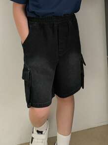 DAZY Pantalones cortos de carga de tela vaquera lavada informal para niño preadolescente - Negro - Ver 4