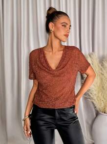 SHEIN Clasi Brown Lace Scoop Neck Loose Women T-Shirt Summer For Women Summer Tops Women Sexy For Women Summer Tops Country Concert