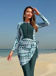 Swim Shayni Women 3pcs/Set Tie-Dye Random Print Long Sleeve One Piece Swimsuit Swimwear With Mid-Waist Long Pants And Mini Skirt, Elegant Modest One-Piece
