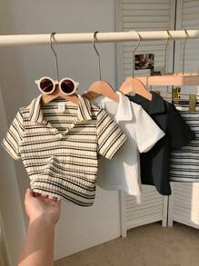 SHEIN 6 Stücke/Set Baby Jungen Sommer Lässig gestreiftes Poloshirt & Shorts Set, geeignet für Geburtstagsfeste, Abendveranstaltungen, Aufführungen, Hochzeit, Taufe und 1. Geburtstagsfeier, Babyparty