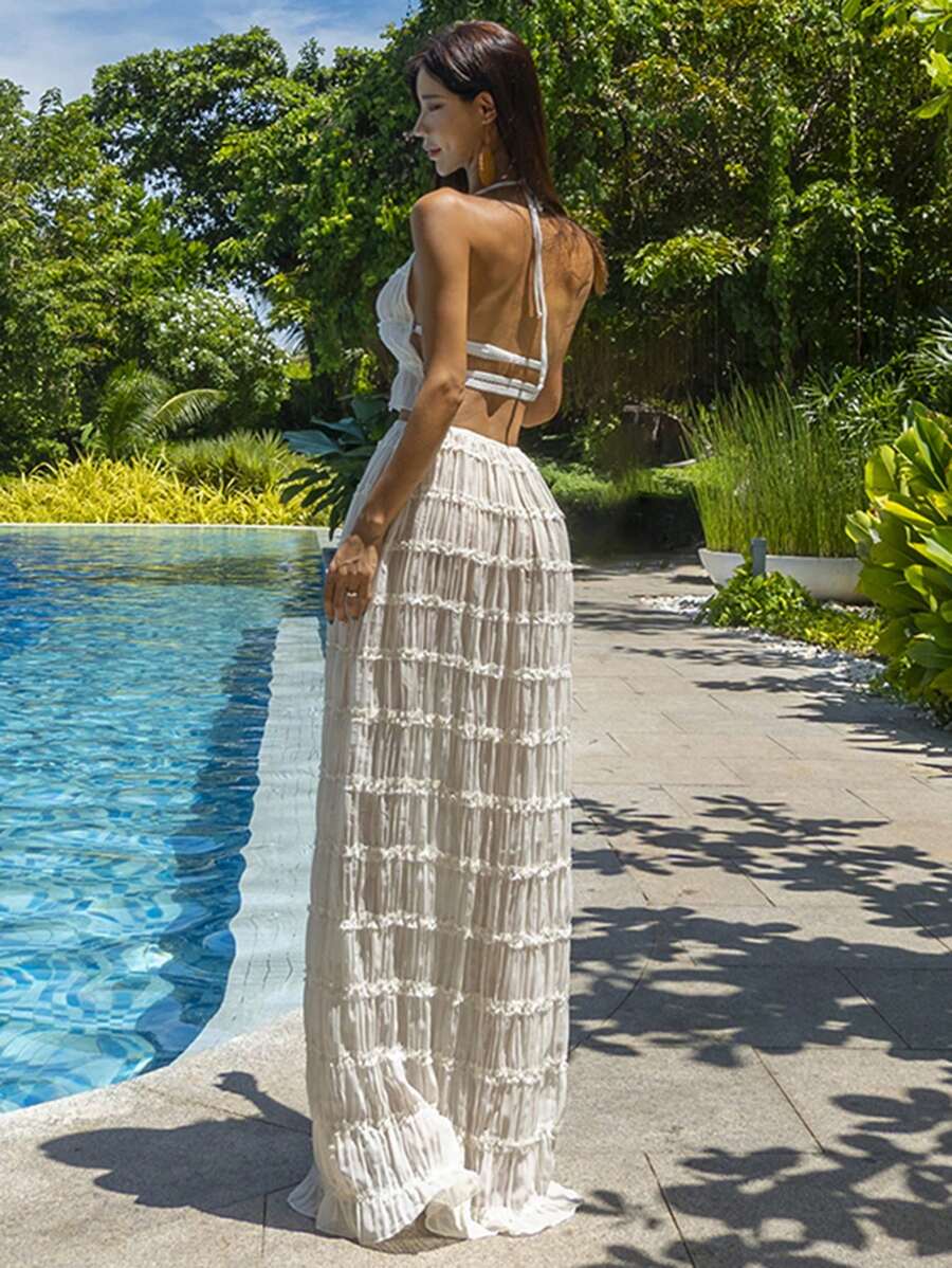 DAZY 2pcs Women Vacation Style Semi-Transparent Halter Top & Skirt Set,Beach Outfits - Apricot - View 1