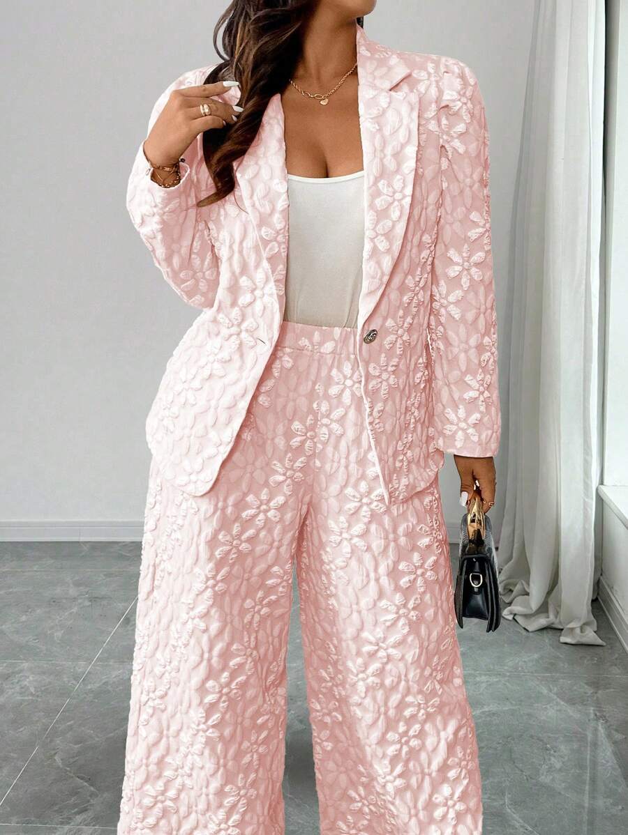 SHEIN Elenzya 2pcs/Set Plus Size Elegant Commute Solid Color Jacquard Blazer & Pants Fall Cloth For Women - Pink - View 1
