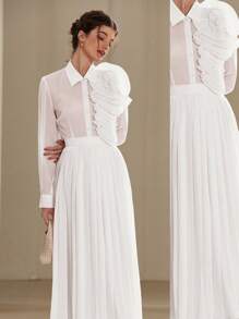 Aveloria Rosie 2pcs French Elegant Floral 3D Embellished See-Through Chiffon Button-Up Blouse And Pleated Skirt Set For Women