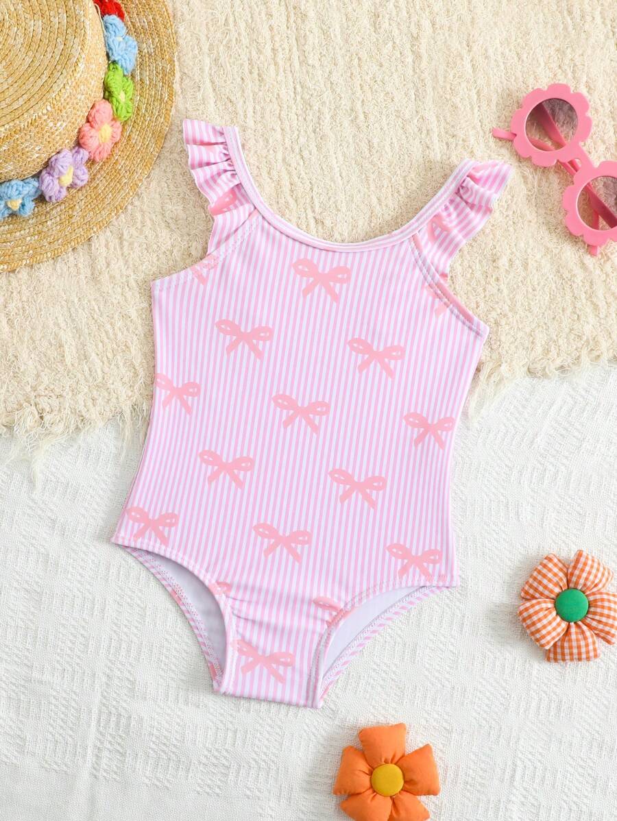 SHEIN Baby Girl Floral Print Ruffled One-Piece Swimsuit & Beach Outfit - Pink - View 1