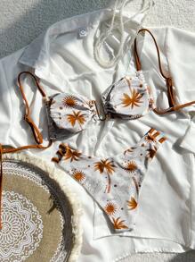 SHEIN 2pcs Coconut Tree Pattern Twist Side Cut-Out Bikini Set, Swimwear For Ladies Beach Holiday - Multicolor - View 2