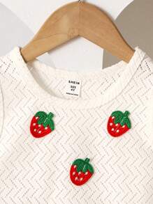 Set de 2 piezas para niñas (talla pequeña) - Chaleco sin mangas blanco de punto transpirable de verano y pantalones cortos vaqueros azules con estampado de fresa, conjunto casual y lindo para adolescentes