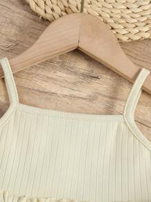 2pcs/Set Girls Casual Plain Ribbed Camisole Tank Top And Flared Leg Pants Set - Apricot - View 5