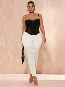 SHEIN BAE 大码女式纯色松紧腰荷叶边修身针织裤，女式度假服，母亲节，母亲节礼物，妈妈，复活节大码女装，节日之夜，夏季夹克，优雅，音乐会女装，夏季女装，夏季，生日女装，婚礼，毕业典礼，俱乐部女装性感，曲线 - 杏色 - 查看 2