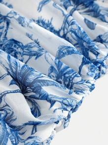 SHEIN Vintage Stijl Blauw & Wit Bloemenprint Gerimpelde Buste A-lijn Mini Jurk Voor Tienermeisjes, Geschikt Voor Zomer, Afstuderen, Terug Naar School, Vakantie, Festivals, Lunches, Uitjes
