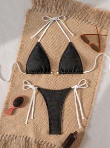 SHEIN Swim 2 件套女士时尚度假海滩纹理纯色金属心形装饰吊带露背三角上衣和侧系带性感下装比基尼泳装 - 黑與白 - 查看 1