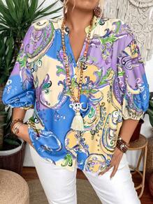 Plus Size Paisley Print Notched Neck Casual Holiday Shirt - Blue - View 1
