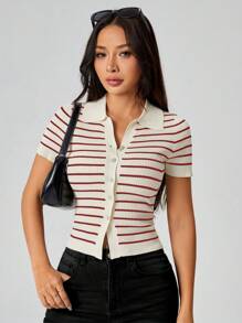 SHEIN PETITE Suéter de botones con rayas estilo "preppy" para mujer - Rojo - Ver 4