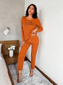 SHEIN Cottnline Letter Graphic Ribbed Knit Tee & Trousers Lounge Set - Orange - View 5